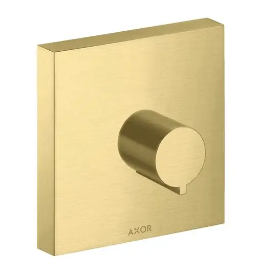 Wandmontiertes, quadratisches Absperrventil in gebürstetem Messing von AXOR mit runder Steuerung. Eignet sich für Unterputzanwendungen im Badezimmer.